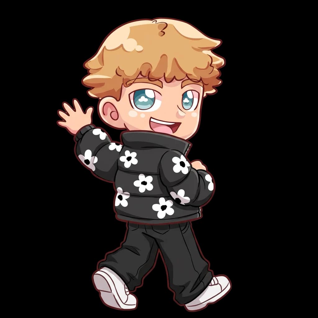 Lucas waving goodbye in his flower puffer jacket